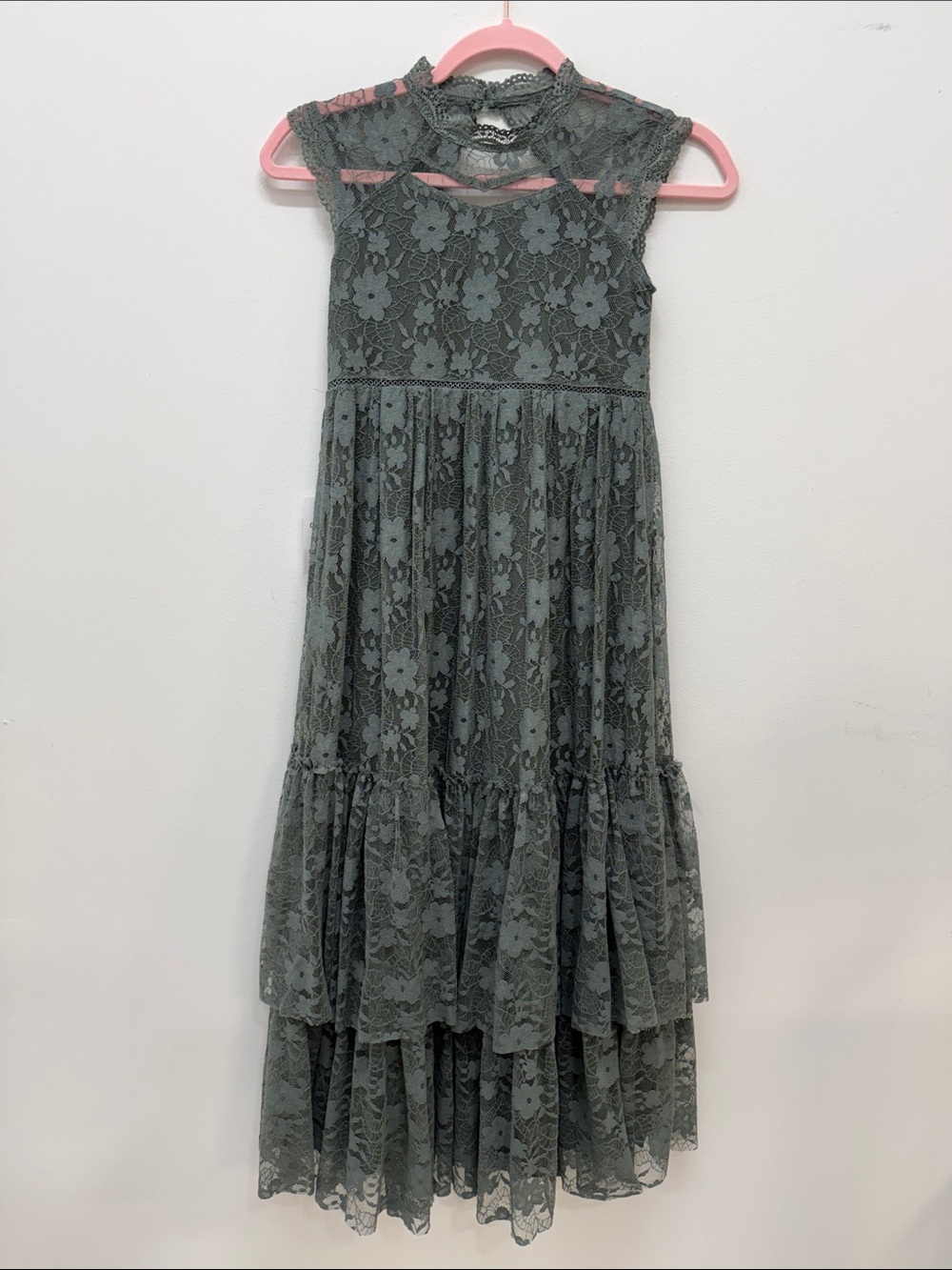Joyfolie Olive Green Lace Tiered High-Neck Formal Dress